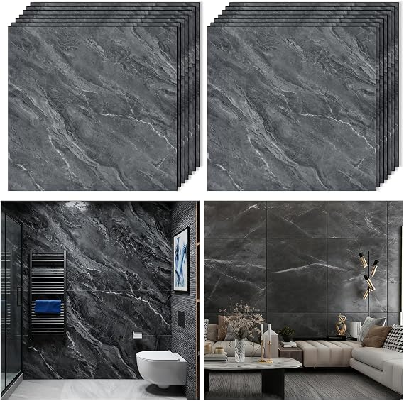 Woobroo 40 Pcs Self-Adhesive Wall Tiles - 30×30cm Waterproof Peel-and-Stick Gray Marble Wall Decals for Bathroom Kitchen Living Room