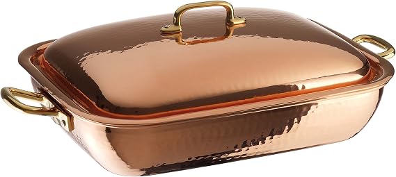 Paderno World Cuisine Rectangular Copper-Tin Roasting Pan with Copper Lid