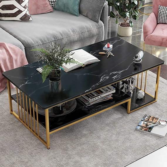 White Coffee Table with Storage, 39" Rectangular Sofa Tables with Open Shelf for Living Room, Center Table Coffee Table Marble Finish and Metal Frame for Living Room, Dining Room, Home Office Décor