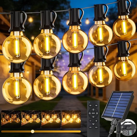 Solar String Lights Outdoor Garden, 15M/50FT USB & Solar Powered Dimmable Festoon Lights with Remote, Timer, IP65 Waterproof LED G40 Bulbs, Outside Light for Patio Pergola Gazebo Fence Party Decor [Energy Class A]