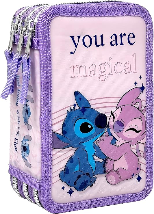 Clondo 3 Compartment 3D Girls Pencil Case for Stitch and Angel Fans Triple Filled, 44 School Accessories, 3 Zippers, 20 cm, Colored Pencils, Markers