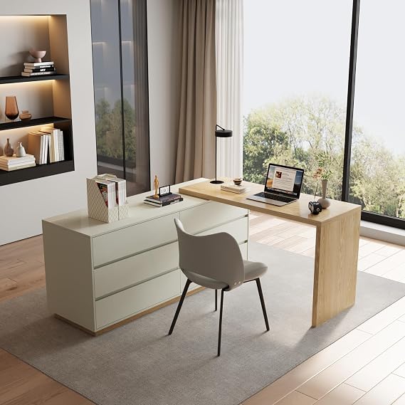 L Shaped Corner Desk with 6 Drawers Reversible Computer Desk with Storage Home Office Writing Study Bedroom Vanity Executive Workstation