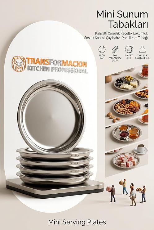 Transformacion Çelik Mini Sunum Tabağı 5'li Set 11 cm - Metal Kahvaltı Çerezlik Reçellik Lokumluk Sosluk Kasesi, Çay Kahve Yanı İkram Tabağı ve Bardak Altlığı 723332