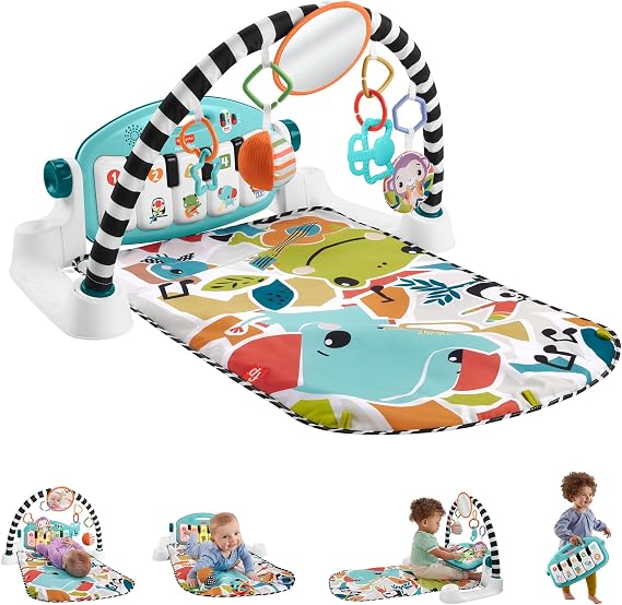 Fisher-Price Bebekler için Yaşa Göre Gelişim özellikli ve Türkçe dil destekli mavi Fisher-Price Neşeli Hayvanlar Müzikli oyun minderi ve piyanolu jimnastik merkezi, taşınabilir müzik oyuncağı, HWY49