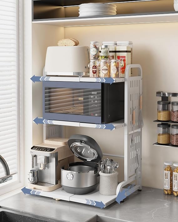 3-Tier Expandable Metal Microwave Shelf for Kitchen,White