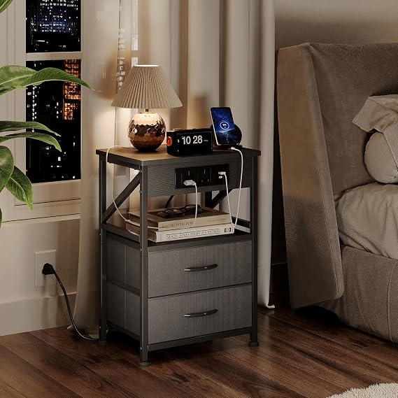 Bedside Table with Power Strip, Bedside Cabinet with 2 Drawers, Bed Side Table for Bedroom, Night Stand, 2 AC Outlets, 2 USB Ports, Side Table with Metal Frame, Grey Oak