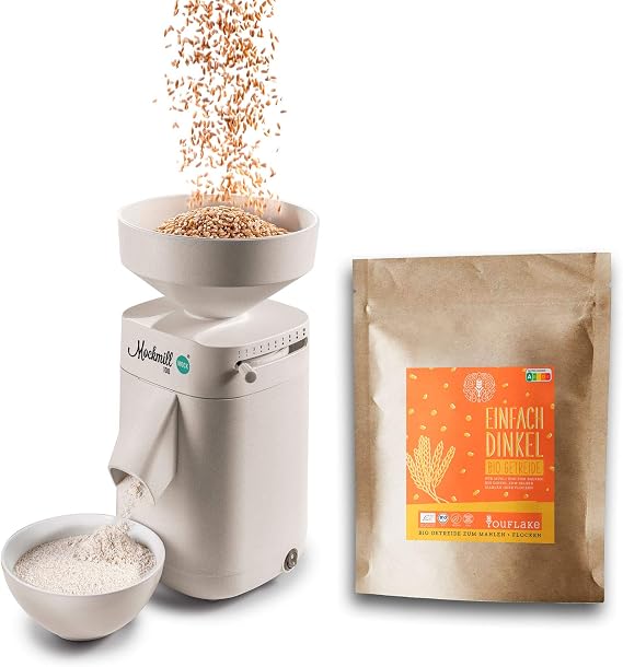 Mockmill 100 Grain Mill Made in Germany Corundum and Ceramic Grinding Stone (Mockmill 100 + Organic Spelt)