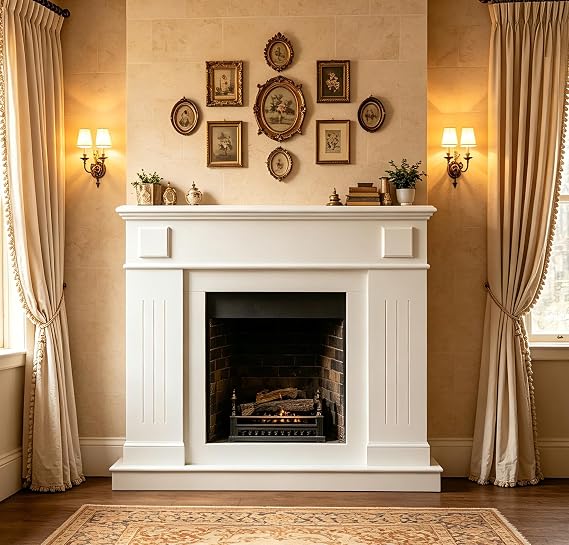 Fireplace Surround Freestanding Fireplace Cover Frame for Electric Fireplace, Wooden Fireplace Mantel Shelf Decorative Frame for Living Room Hallway,White/Grey (White)