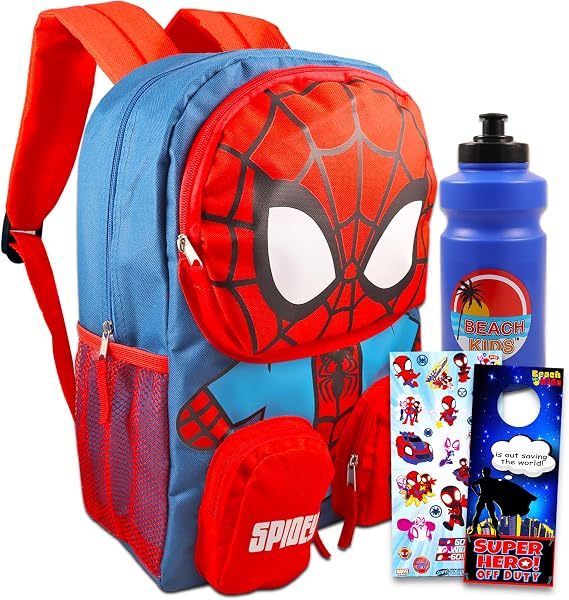 marvel Spiderman Backpack for Boys Set - Bundle with 16" Spiderman Backpack, Stickers, Water Bottle, More | Spiderman Backpack for Boys 4-6