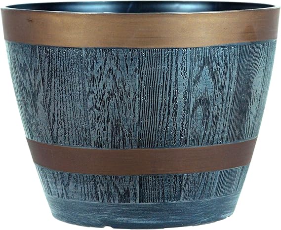 simpa Rustic Style Dark Grey Plastic Half Barrel Cask Planter 28.5cm Diameter - Single Pot - Indoor & Outdoor Pot.