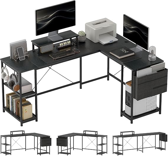 HOMCOM 168cm Reversible L Shaped Desk, Adjustable Shelf 240cm, Black