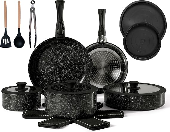 Chef Power 19-Piece Pots and Pans Set Non Stick, Induction Hob Pan Set with Detachable Handles, Ti-Ceramic Nonstick Stackable Cookware Kitchen Set, Dishwasher/Oven Safe, PFAS PFOA & PTFE Free, Black