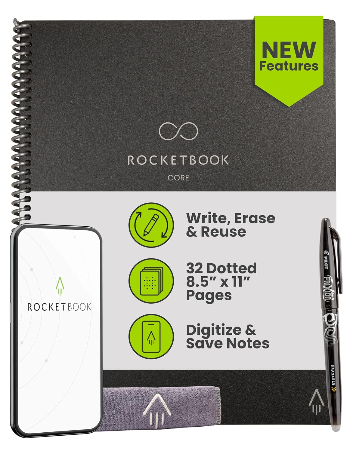 Rocketbook New Core Reusable Spiral Notebook, Letter Size 8.5x11, Black - Dotted Pages, App-Connected, Erasable, Durable Cover, Ideal for School, Work, and Creative Projects