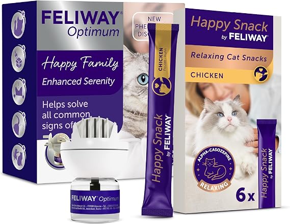Feliway Optimum diffuser & 30 day refill & Happy Snack Delicious Relaxing Chicken Flavour Treat for Cats
