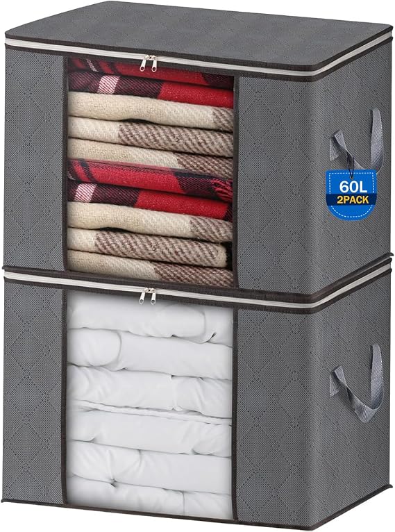 AIOR 2pcs Foldable Clothes Storage Bag, 60L Large Clothes Storage Boxes with Reinforced Handle, Non-Woven Organizer Storage for Quilts, Blankets, 55 x 35 x 32 cm