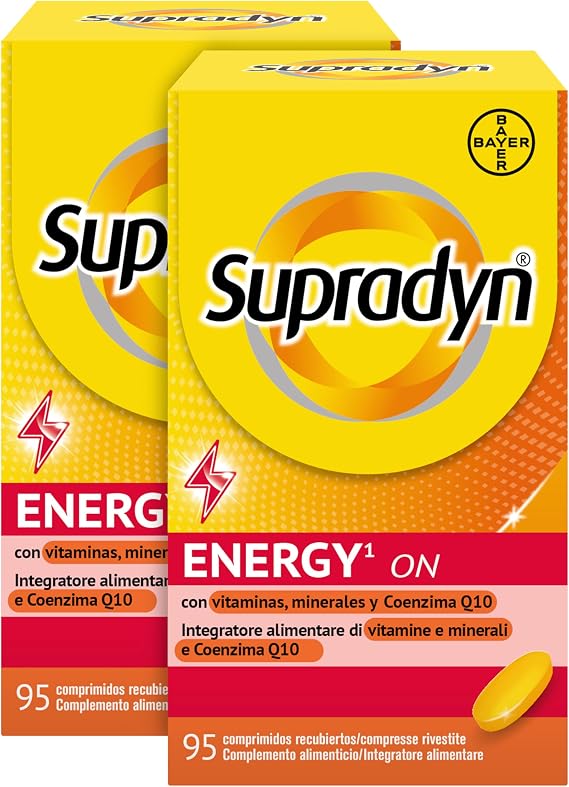 Supradyn Energy On Multivitaminas con vitaminas A, C, D, E, K, B complex y 9 minerales como magnesio, zinc y calcio más biotin y coenzima Q10 - Multivitaminico para mujer y hombre - 190 comprimidos