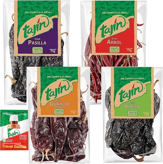 Tajin Mexican Dried Chillies Set of 4-75g each (Arbol, Pasilla, Ancho, Guajillo) - Including Lime Seasoning - Authentic Mexican Treat - Assorted Chillies