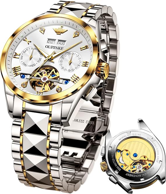 OLEVS Automatic Men's Watch Tourbillon Diamond Calendar Self Winding Luxury Mechanical Wrist Watch for Men Two Tone Tungsten Strap Business Dress Male Watch Luminous Waterproof (White Blue Gold Green)