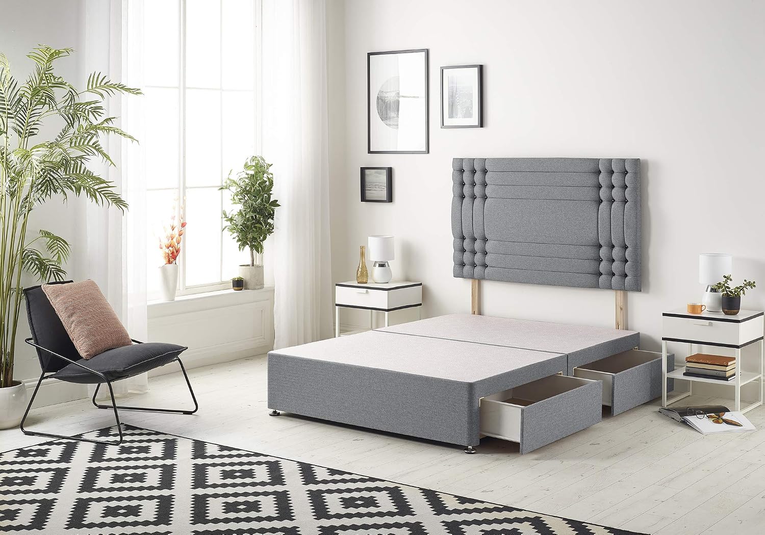 Bed Centre Flexby Divan Bed Base With 2 Drawers And Headboard Available in 3ft, 4ft, 4ft6, 5ft, 6ft, Fabric Charcoal Plush Fabric, 5FT King