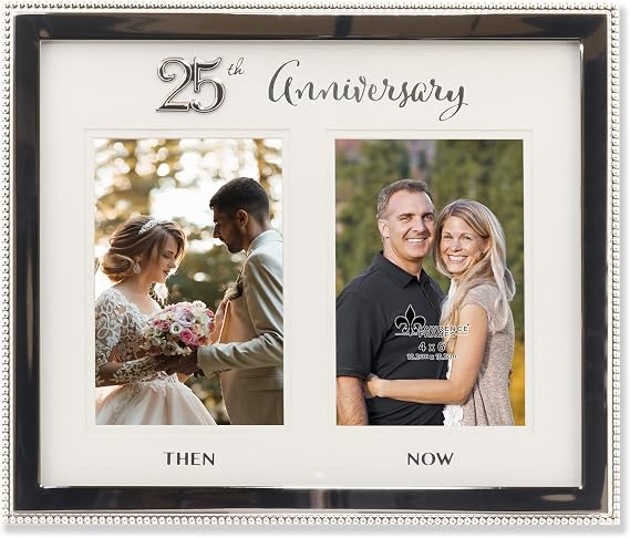 Lawrence Frames 4x6 Double Silver Beaded Metal 25th Anniversary Picture Frame, Then and Now