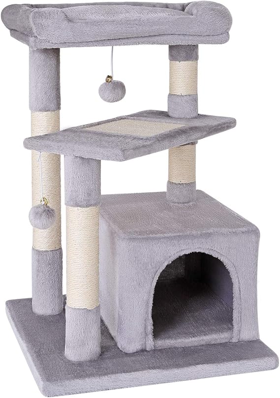 Lionto Tree Scratching Post with Cave, Bed and 2 Balls, 75 cm, Light Grey