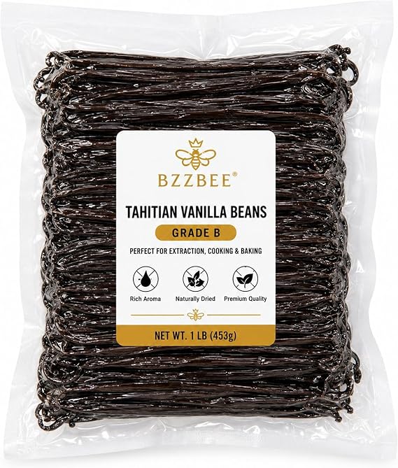 bzbee 1 lb (Approx. 454g) Bulk Tahitian Vanilla Pods - Grade B Extract Grade | Whole Vanilla Beans for Cooking, Home Baking, Infusions & Extracts | Sustainably Sourced