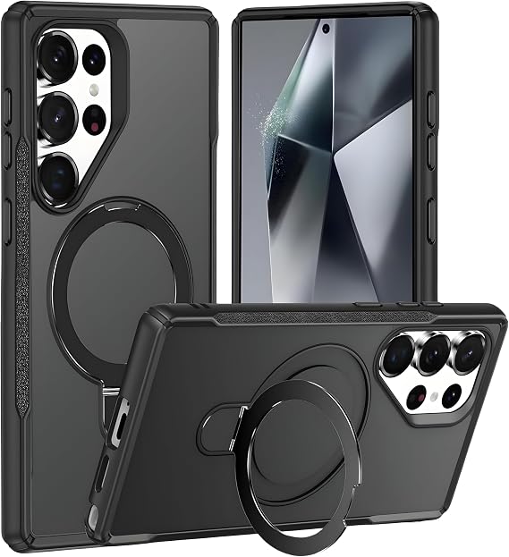 Rongep Samsung Galaxy S24 Ultra için Kılıf Mag-Military Katlanabilir Halka Stantlı [MagSafe ile Uyumlu] S24 Ultra Kılıfı PC+TPU Rugged Tasarımlı Güçlü Manyetikli Samsung S24 Ultra Kılıf (Siyah)