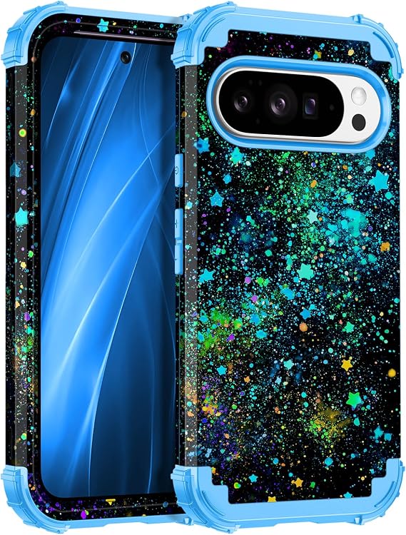 Miqala Google Pixel 10 ケース/Pixel 10 Proケース、暗闇で光る 3層 高耐久 耐衝撃 フルボディ保護 ハードプラスチックバンパー+ソフトシリコンケース Google Pixel 10/10 Pro用、DarkBlueStar