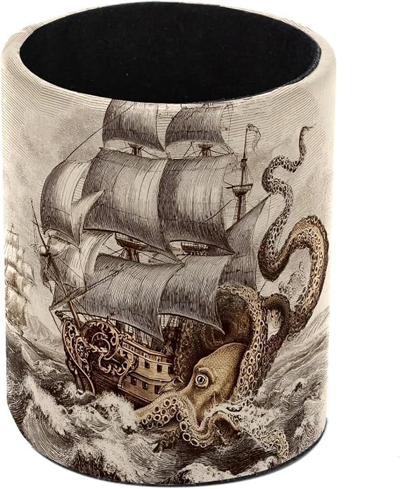 Pen Holder for Desk, Octopus Vintage Ocean Pencil Cup Makeup Brush Holder Leather Multifunctional Desktop Organizer Caddy for Home School Office Desk Accessories