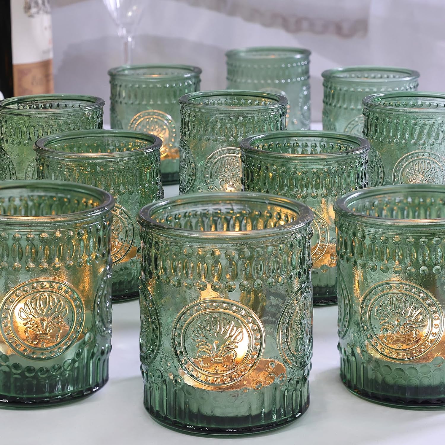 30 Pcs Votive Candle Holders, 2x2.5iInch Green Glass Tea Light Candle Holders Butterfly Pattern Votives for Wedding, Christmas, Party Decor & Gift-Giving​