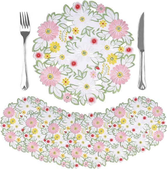 comfoyar Round Embroidered Spring Daisy Flowers Placemats Set of 6, 39 cm