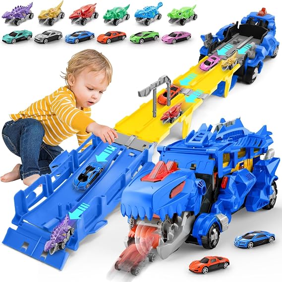 Dinosaur Transport Truck Toys for Kids, Race Track Truck Carrier with 12 Race Cars, Transforms into Stomping Dinosaur Hauler Track Dinosaur Toys for Boys Girls Age 3 4 5 6 7 8