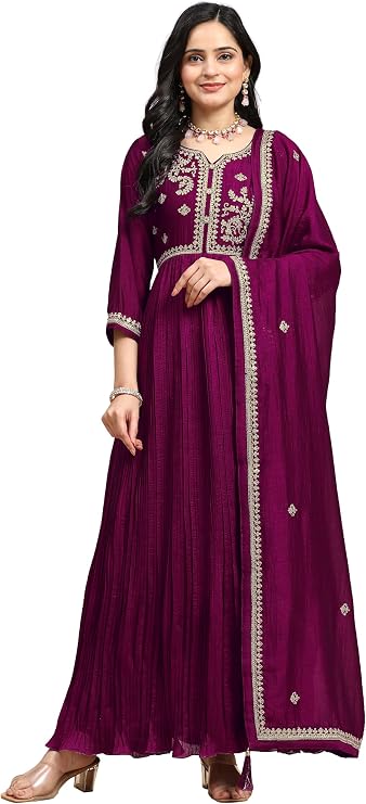 TRENDMALLS Women's Vichitra Silk Embroidery Salwar Suit Set Anarkali Kurta Set with Dupatta