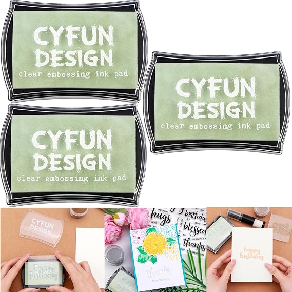 3 Pack Clear Embossing Ink Pad for Stamping & Scrapbooking - Slow-Drying Crisp Ink, Raised Durable Surface for All Stamp Sizes | Long-Lasting Inkpads for Rubber Stamps Arts & Crafts Supplies
