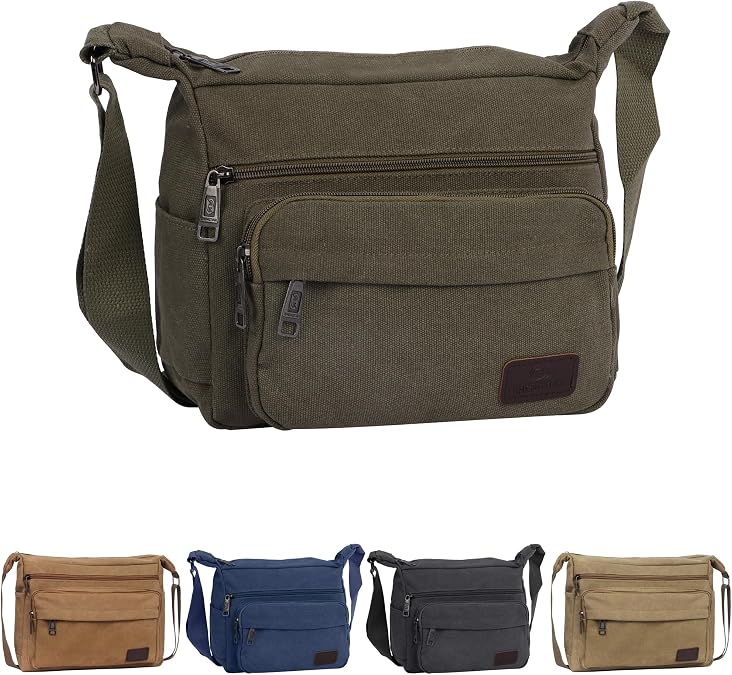 Canvas Messenger Shoulder Bag, Army Green Men Shoulder Bag with Multiple Pockets, Medium Mens Crossbody Bags for Daily Use, Cycling, Dog Walking, Work