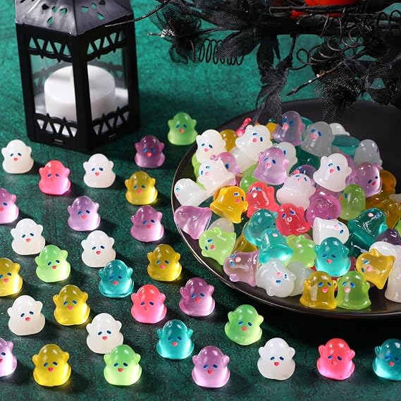 80 Pcs Halloween Luminous Mini Resin Ghost Figurines, Glow in the Dark 10 Colors, Tiny Ghost Figures Bulk for Party Favors, Crafts, Micro Garden and Dollhouse Decor