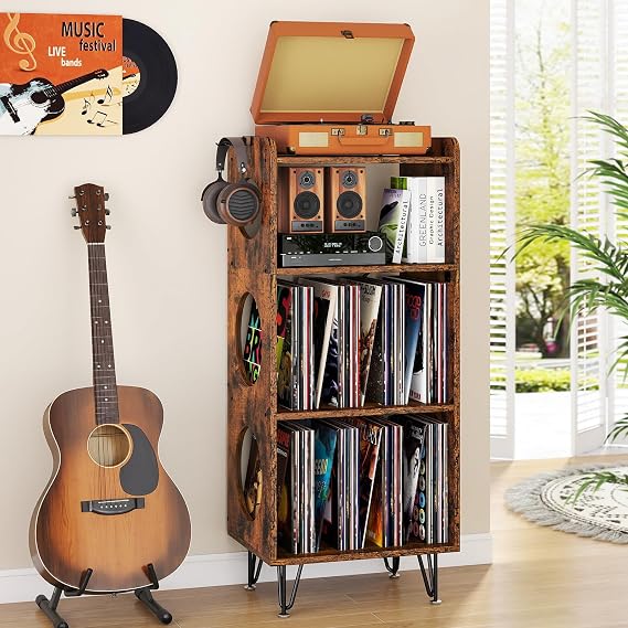 ikkle Record Player Stand, 4 Tier Vinyl Storage Cabinet with Hollow Design