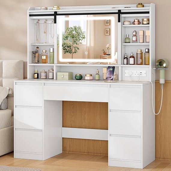 Hzuaneri Dressing Table with Sliding Mirror, Vanity Desk with Power Strip