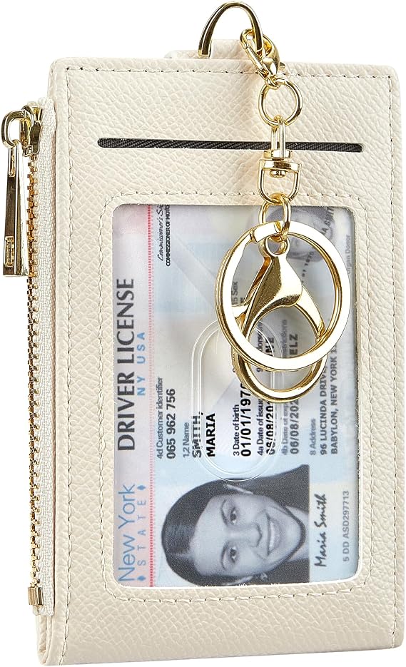 Women & Men Leather RFID Blocking Card Holder Slim Small Zipper Keychain Front Pocket Wallet with 2 ID Window, Beige, One Size, Minimalist