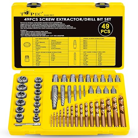 Topec 49pcs Screw Extractor/Drill Bit Set, Professional Remove Set for Removing Broken Studs, Bolts, Socket Screws and Fittings