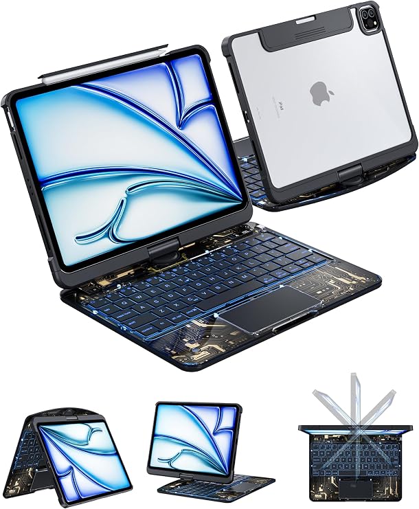 キーボードケース iPad 第11世代 第10世代 透明 360°回転キーボードケース マルチタッチトラックパッド付き、7色バックライト、ペンシルホルダーキーボード付き iPad A16 第11世代/第10世代