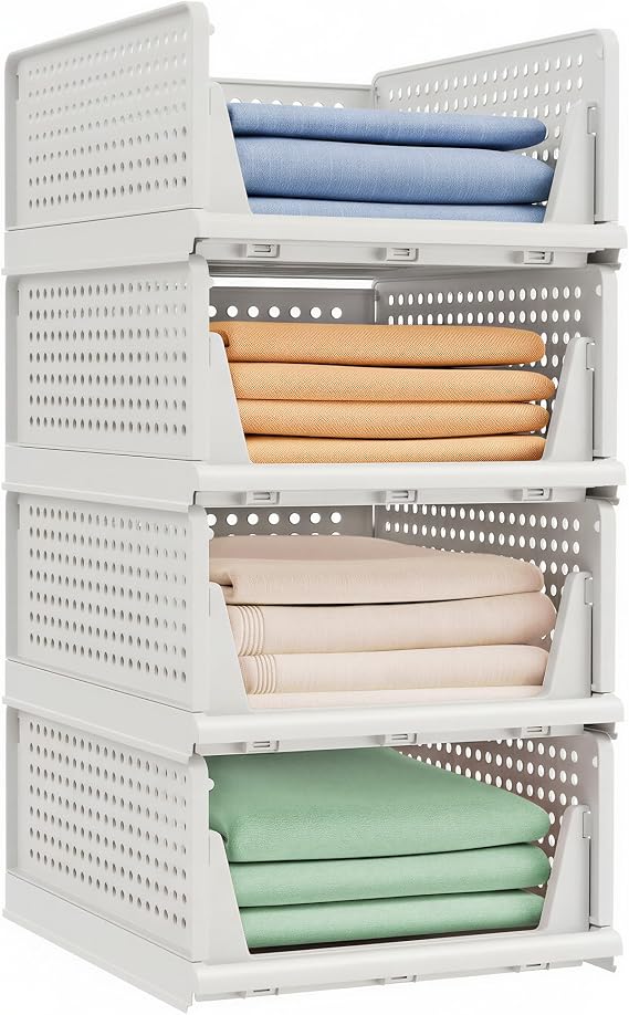 SONGMICS Wardrobe Storage Organiser, Set of 4 Foldable Pull-Out Baskets