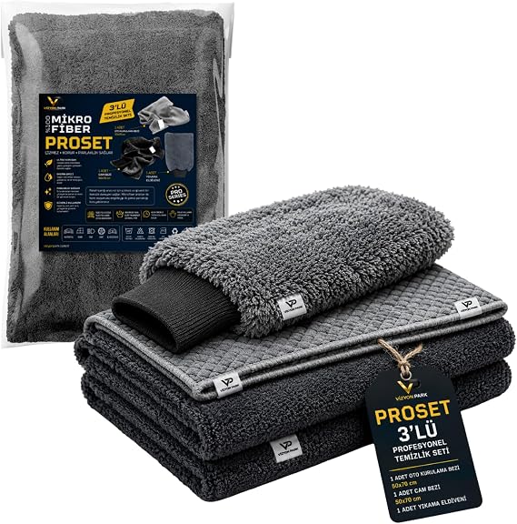 ProSet Mikrofiber Oto Yıkama Temizleme Seti | Araç Kurulama Havlusu + Otomobil Cam Bezi + Araba Yıkama Eldiveni Paketi, Profesyonel Araç Bakım Seti (3'lü Set)