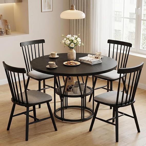 47'' Round Dining Table for 4-6, Wooden Kitchen Table with Storage Shelf & Metal Base, Modern Dinner Table, Breakfast Table for Living Room,No Chair, Black