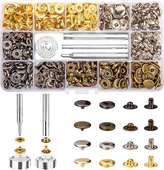 Ewwtrey120 Set Snap Fasteners, Press Studs, 12.5mm Metal Snap Buttons, No Sewing Snap Fastener, Metal Snaps Buttons Kit, with 4 Install Tools, for Sewing Clothes Jackets Leather Bags