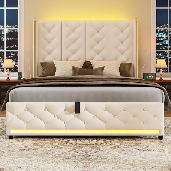 PROZENBDING Ottoman Double Bed Frame with Gas Lift Storage, 1.41M High Back Winged Bed Frame Plush Velvet Upholstered Bed 4ft6 with LED Lights, USB & Type-C, Metal & Wooden Slat, 135x190cm Beige