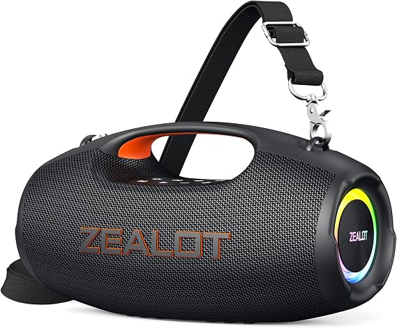 Zealot Bluetooth Speaker Wireless, Loud 60W Stereo Sound, Passive Radiators-Deep Bass, Dual Pairing, 20H Playtime, IPX6 Wireless, Adjustable Strap, Speaker RGB Lights for Indoor Outdoor, Black