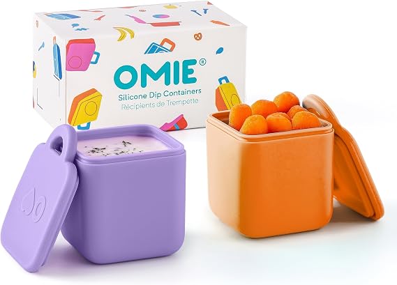 Omie OmieBox (2 Pack) Leakproof Dips Containers to Go, Salad Dressing Container, Condiment Container with Lids - Food Safe Silicone - 4 Ounces (Purple/Orange)