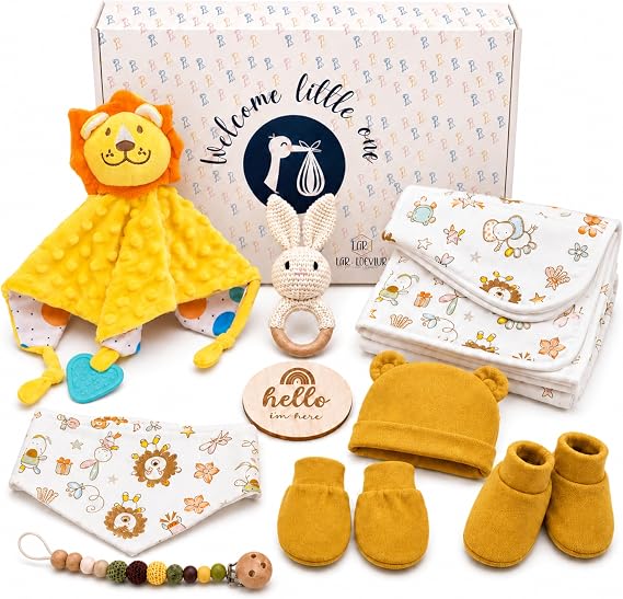 Nappy Cake Baby Gift Set - Newborn Gift Box with Comforter Rattle Dummy Chain Blanket & Bib - Birth Gift for Girls & Boys