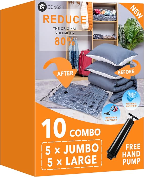 Vacuum Storage Bags (5 x Jumbo, 5 x Large), Space Saver Sealer Compression Bags with Travel Hand Pump for Blankets, Comforters, Pillows, Clothes Storage